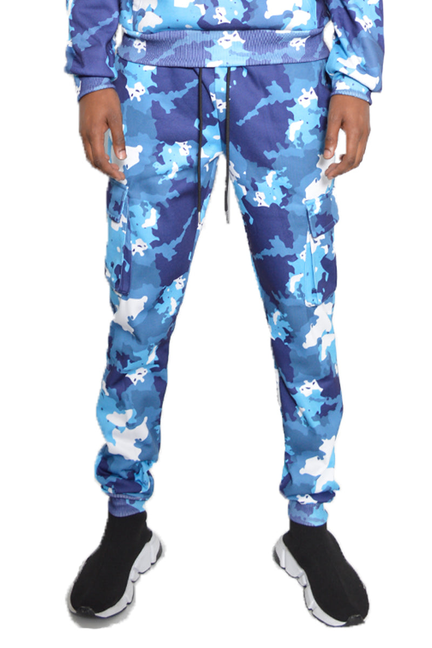 Blue camo cargo joggers with drawstring waist and side pockets, tapered cuffs