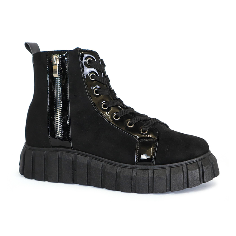 Women's black boot sneakers with side zip, lace-up front, and chunky tread sole