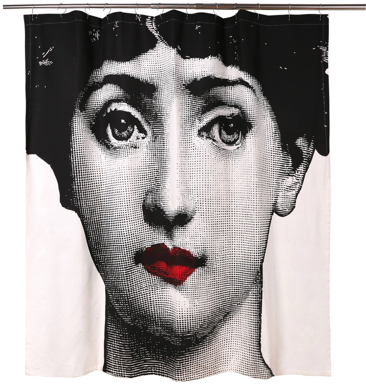 Black and white portrait shower curtain with red lips and eyes graphic