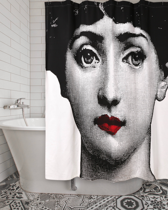 Black and white face shower curtain with red lips, full front view