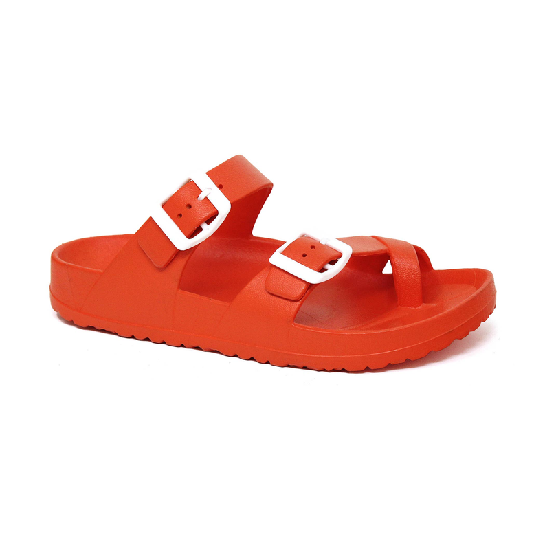 Women’s orange flat EVA jelly double buckle sandal with two white buckles