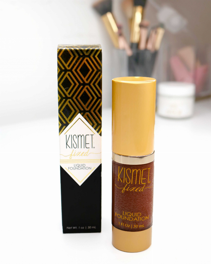 KISMET Fixed liquid foundation bottle and box, gold and black geometric design