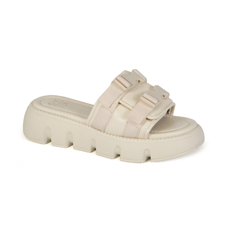 Cream two-buckle mule sandals with ridged platform sole