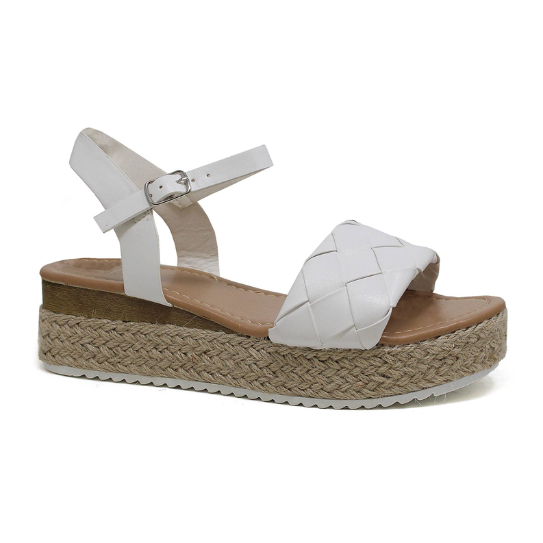 Women's espadrille wedge sandals with white strappy upper and buckled ankle strap