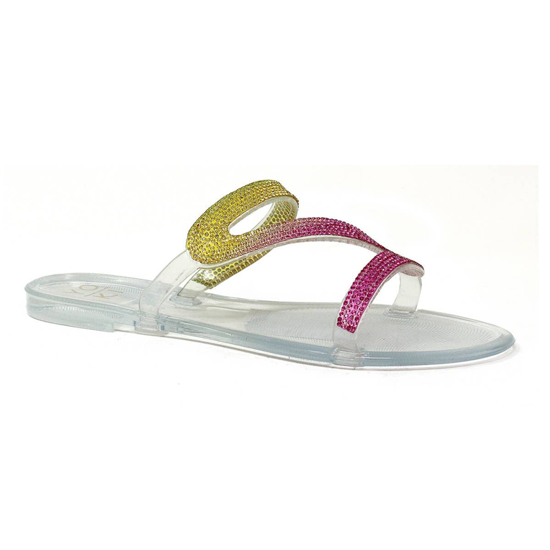 Women's jelly EVA slide sandals with glitter toe straps, pink and yellow