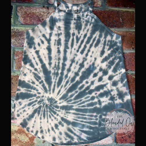 Teal and white tie-dye rocker tank with sleeveless scoop neck