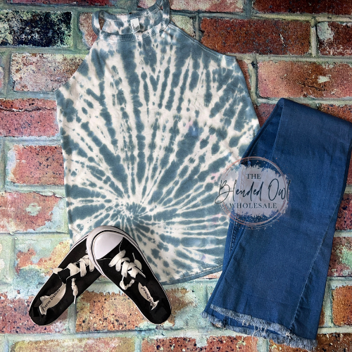 Teal and white tie-dye rocker tank with racerback neckline