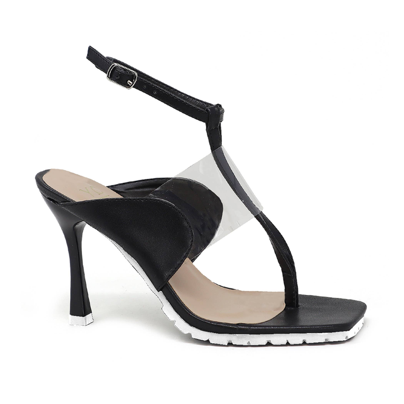 Black women’s open square-toe high heel sandal with ankle strap and buckle