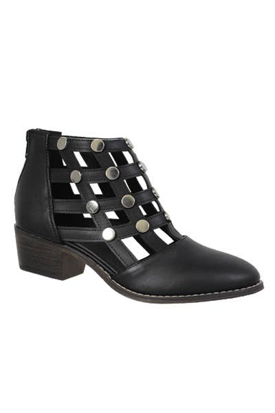 Women's short boot with studded straps and block heel, black