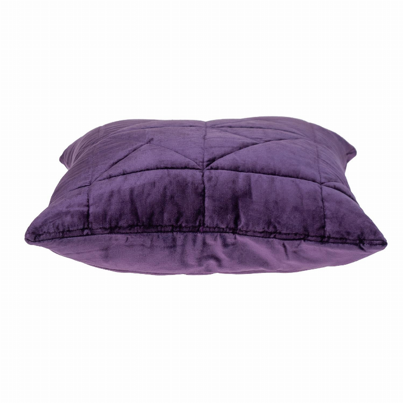 Purple velvet quilted throw pillow with horizontal stitching and curved edge seam