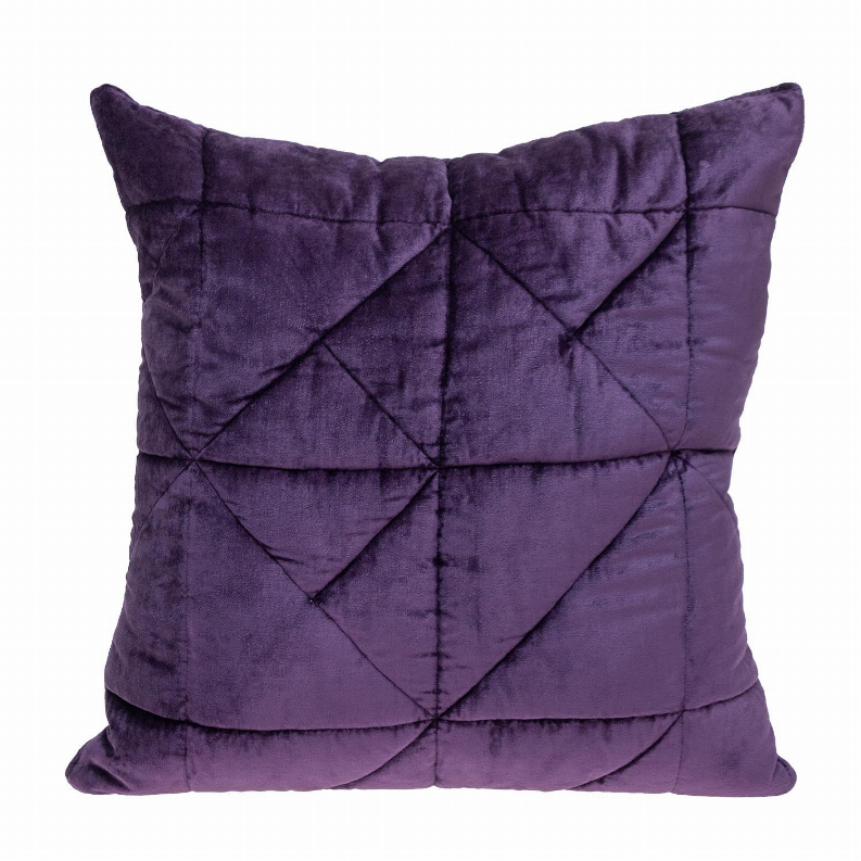 Purple velvet quilted throw pillow with bold diagonal seam and diamond pattern