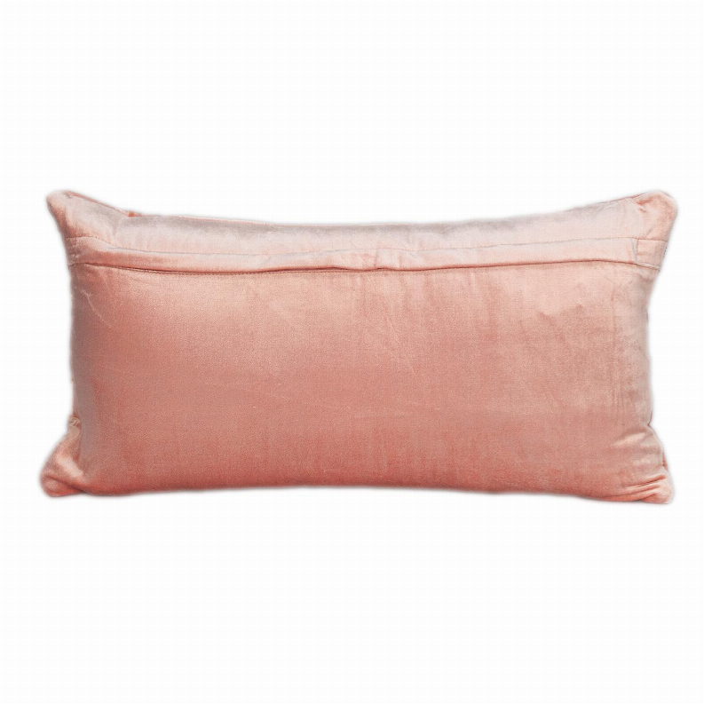 Light pink quilted throw pillow with piped edge and horizontal stitch channels