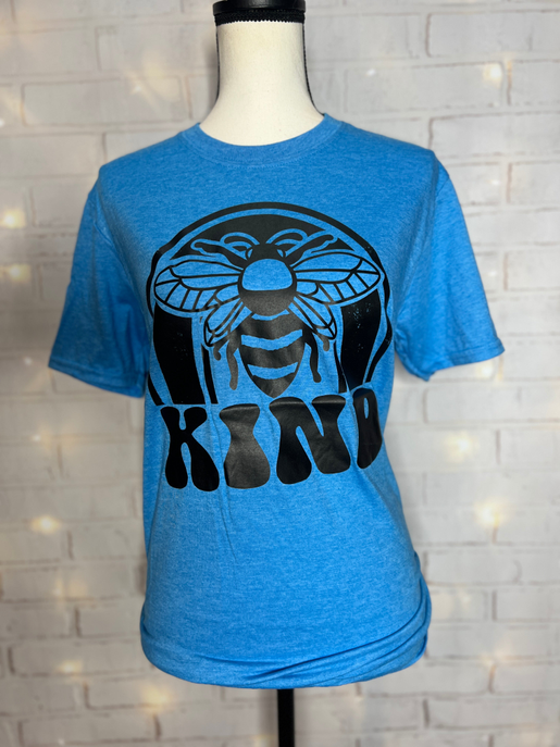 Blue crew-neck graphic t-shirt with large black bee-style illustration on front