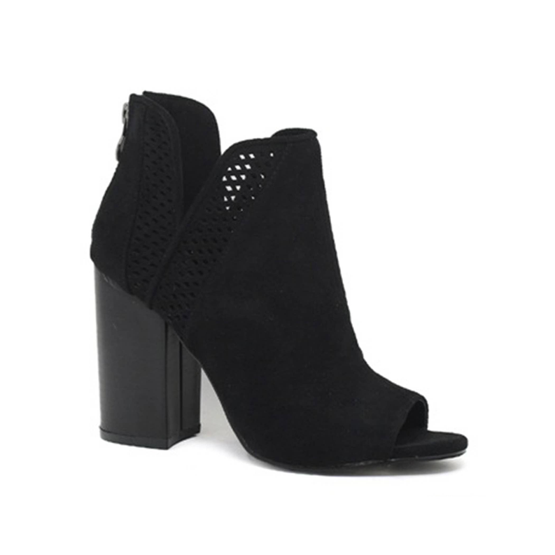 Black open-toe bootie with perforated side slit and block heel