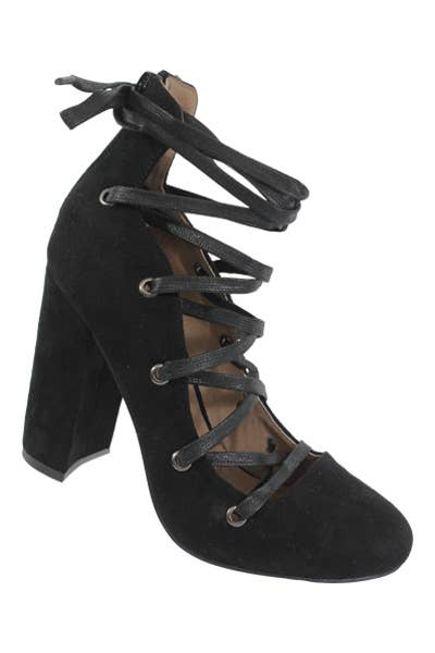 Women's dark suede lace-up closed-toe pumps with chunky high heel