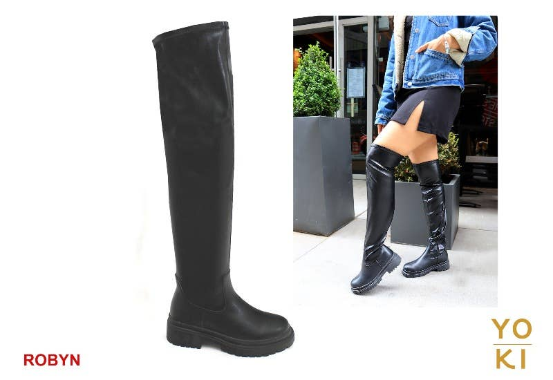 Women's ROBYN leather stretch over-the-knee boots, black pull-on