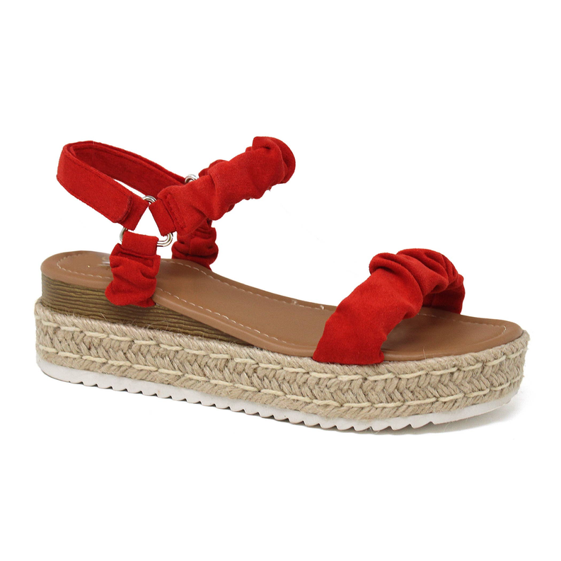 Red women's espadrille platform open-toe sandal with ankle bow and braided jute sole