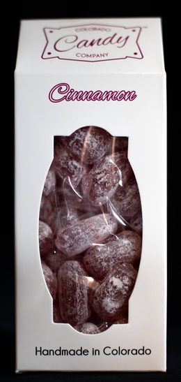 Cinnamon handmade hard candy box with clear window showing wrapped candies