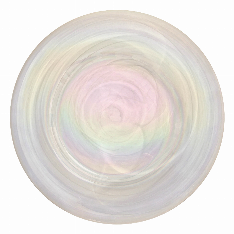 13-inch round glass charger plate, pastel iridescent swirl pattern with pale pink and mint tones