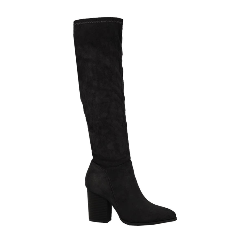Women’s tall faux suede boot, black, block heel and pull-on shaft