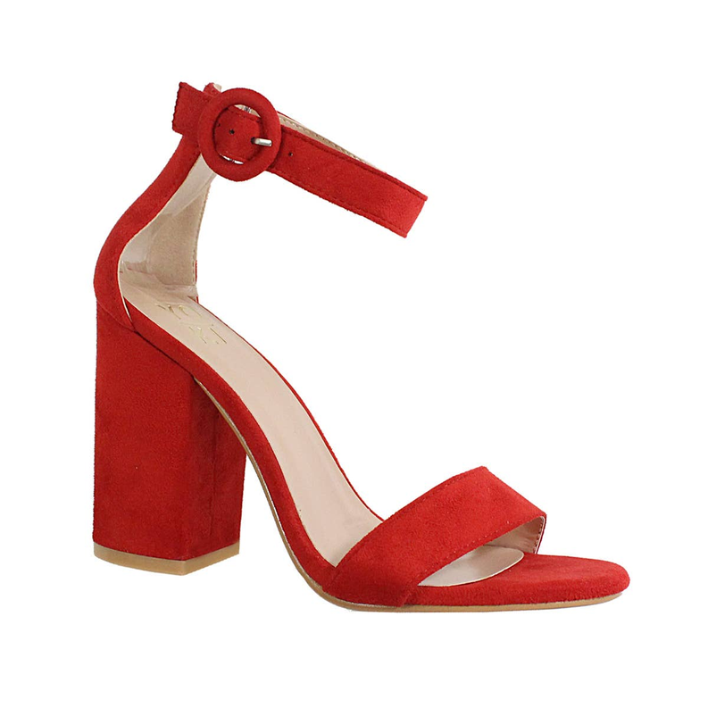 Wide-width casual heeled sandals with ankle strap, red suede, block heel