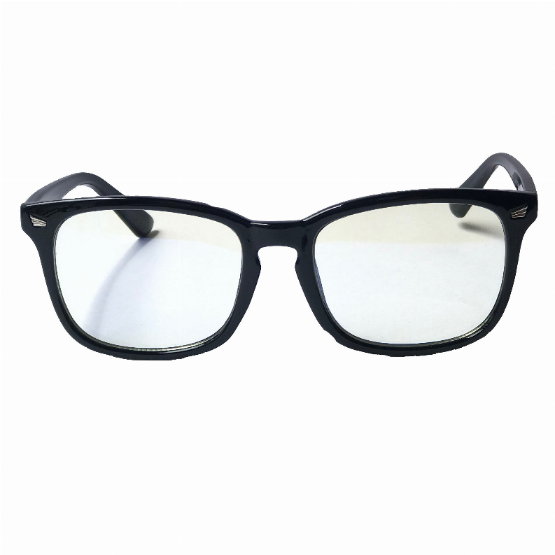 Rectangular blue-light glasses with dark frame, detailed temples and clear lenses