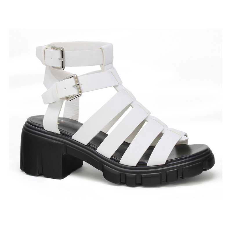Women’s open-toe sandal with white strappy upper and adjustable buckle closures
