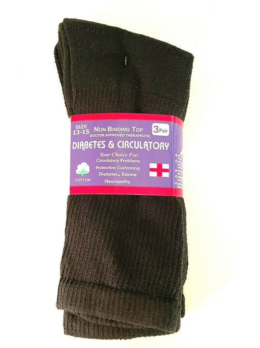 Black crew cotton socks, non-binding top, ribbed cuffs; diabetic circulation style.