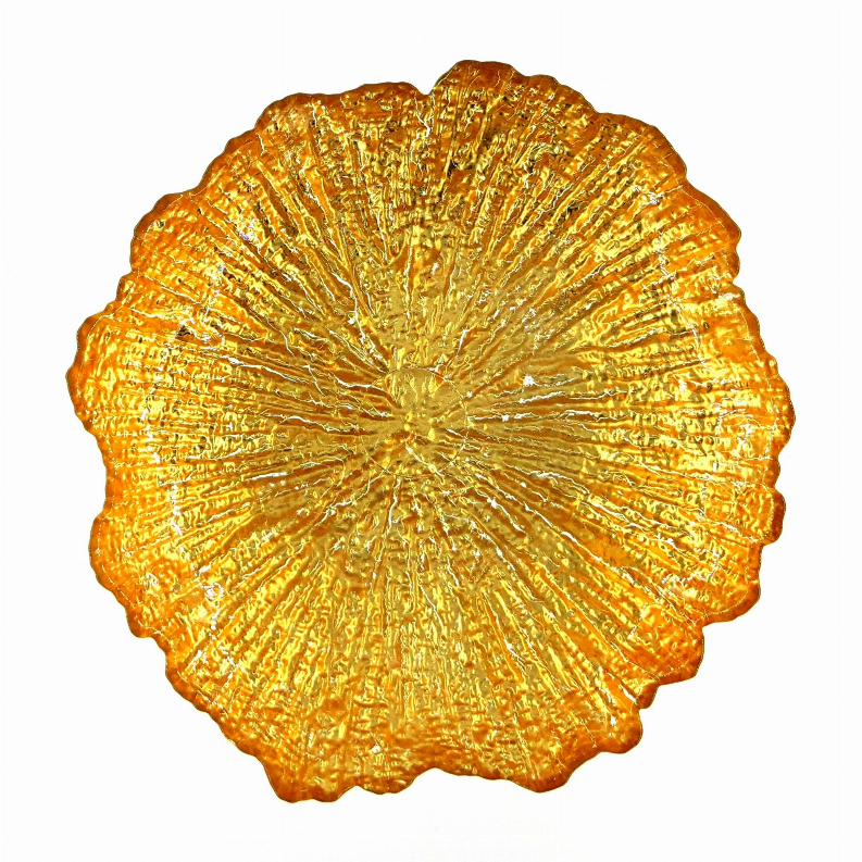 Gilded glass soup plate, amber-gold shell texture with radiating lines