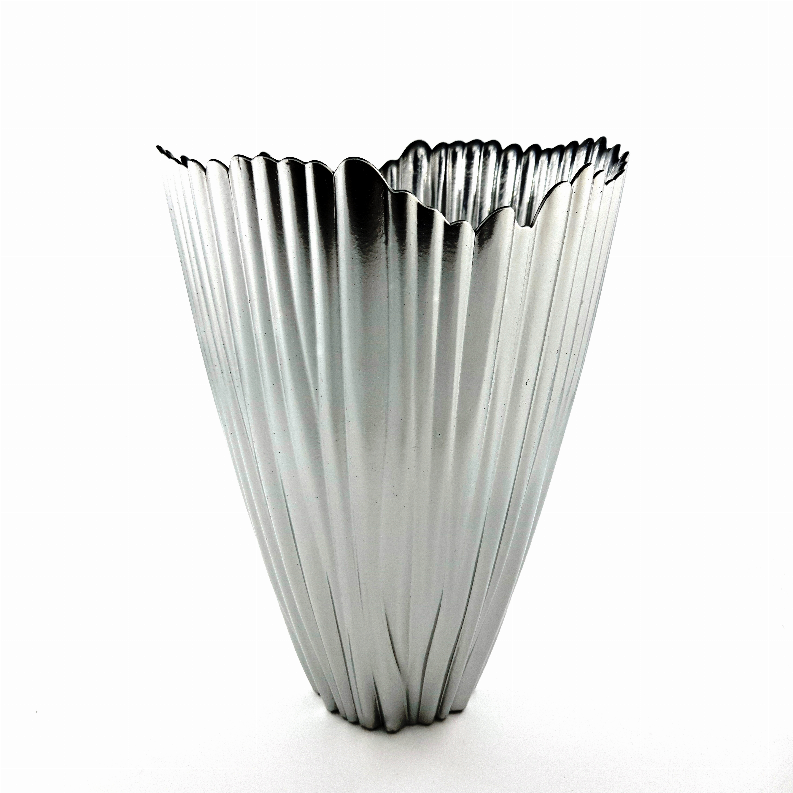 Clear fluted glass vase, full view, silver-toned vertical ridges