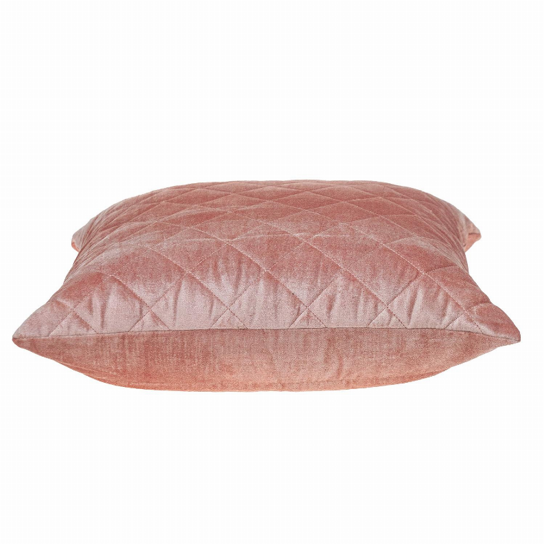 Dusty rose quilted throw pillow with diamond pattern, viewed from the top angle