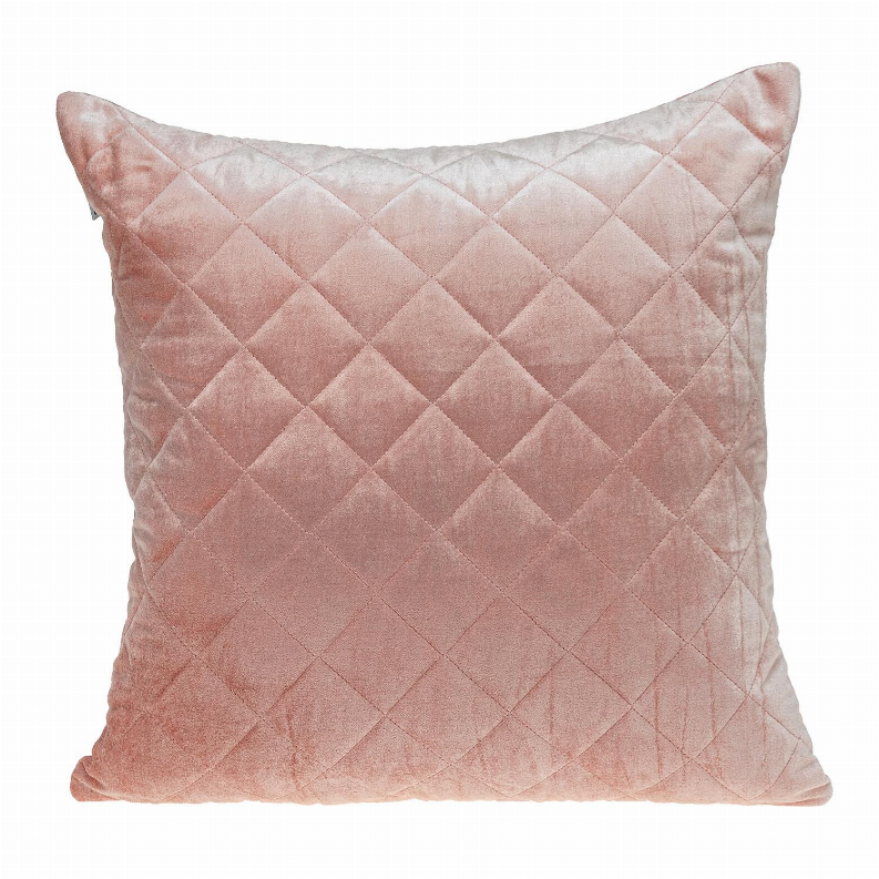 Dusty rose quilted throw pillow front with diamond stitching and visible corner seams