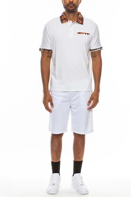 Checkered Detail Polo Short Set - WHITE / 1 / L - Unisex Fashion