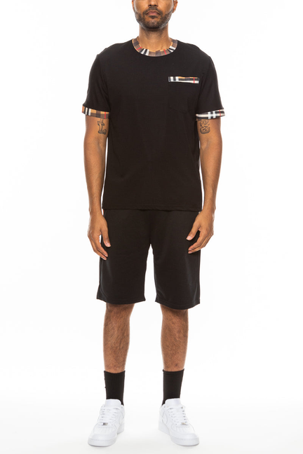 Checkered Detail Tshirt Short Set - BLACK / 1 / XL - Unisex Fashion
