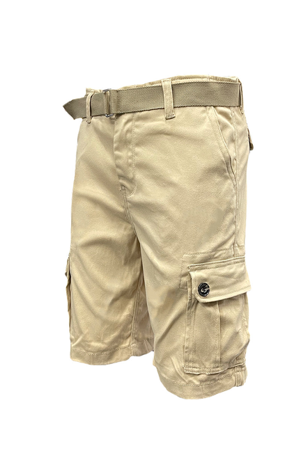 Khaki belted cargo shorts with belt loops and cargo pocket