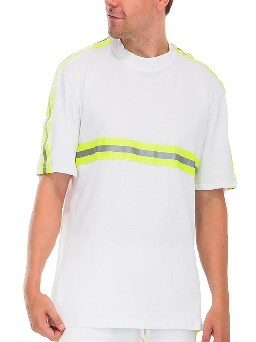 Men's white reflective tee with neon-lime horizontal stripe bands