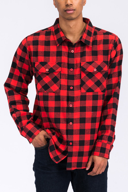 Men's red and black plaid flannel button-up shirt with button cuffs and chest pockets