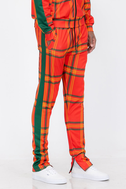 Red and green plaid track pants with elastic cuffs and drawstring waist