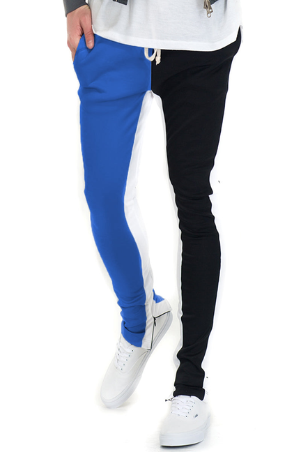 Split-tone track pants, blue and black with elastic waist and drawstring