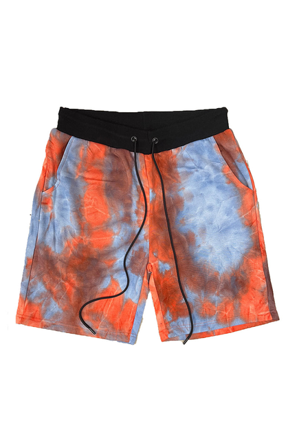 Tie-dye swim shorts with black waistband and drawstring, orange and blue pattern