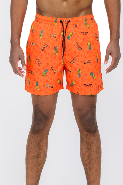 Orange pineapple and novelty fruit print swim shorts with elastic waistband