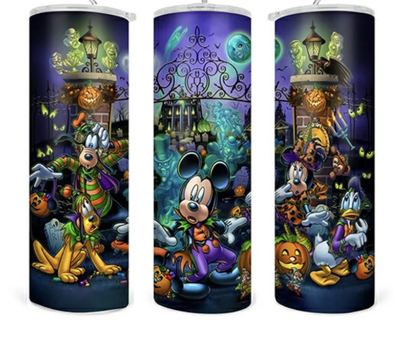 Stainless steel tumbler with colorful cartoon scene wrap and purple blue art