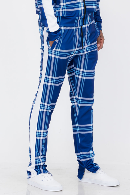 Blue and white plaid track pants with elastic waistband and cuffed ankles