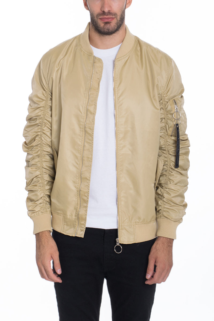 Men's gold satin flight bomber jacket with ribbed cuffs and stand collar