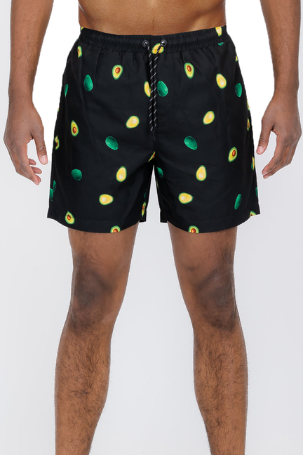 Black avocado print swim shorts with elastic waistband and drawstring, above-knee length