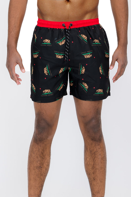 Black Cali rep print swim shorts with red drawstring waistband