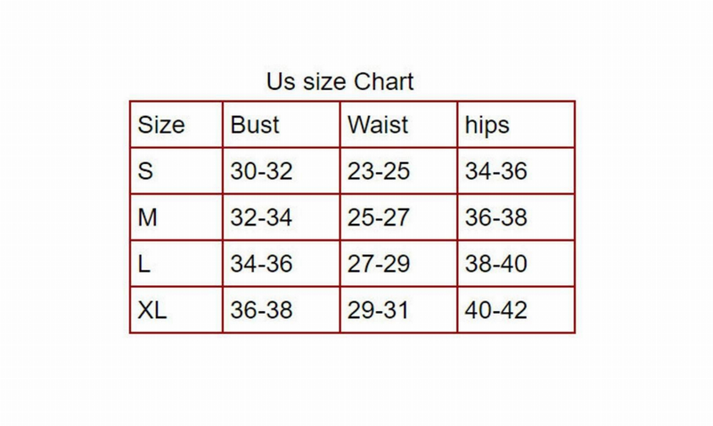 US size chart: bust, waist, hips ranges for S, M, L, and XL