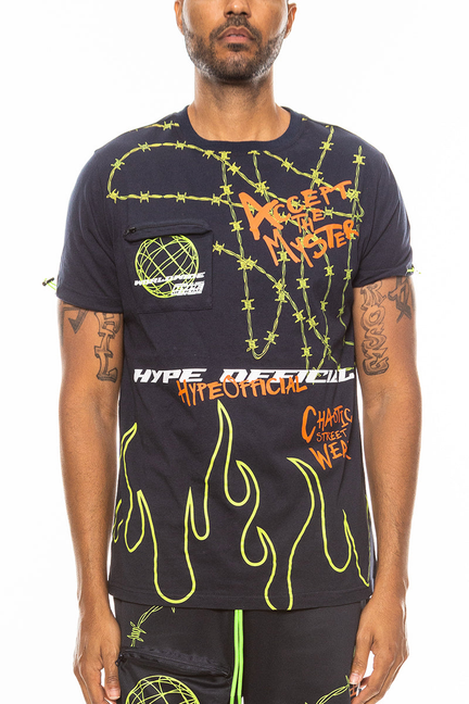 Navy crew-neck T-shirt with neon yellow-green front graphic print