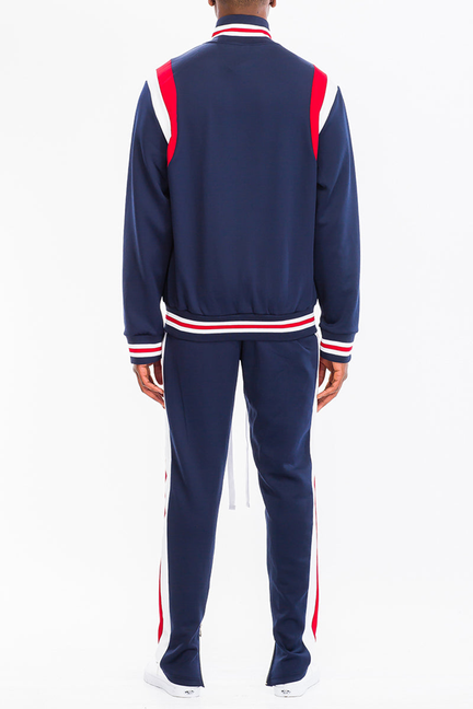 Navy track jacket and pants set, back view with red-and-white shoulder and side stripes