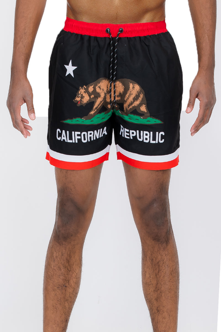 Black swim shorts with red trim, drawstring, and California Republic graphic